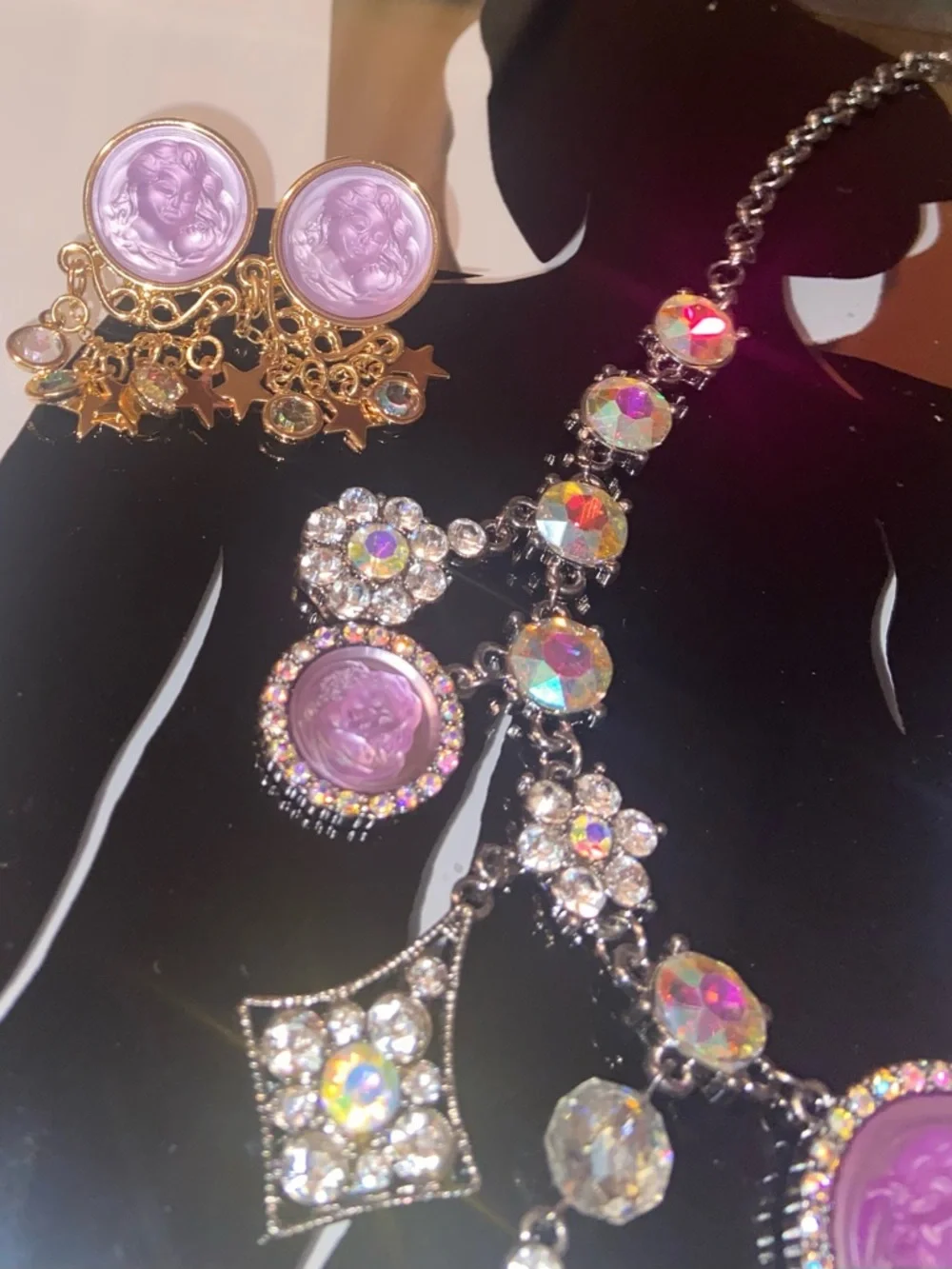 Kirks Folly Aurora Crystal Statement Angel Necklace and Earring Set in Lavender